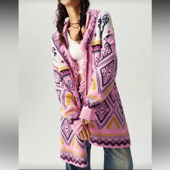 Bohemian fringe knit oversized cardigan sweater pink eye eyeball printed tribal - Picture 4 of 9